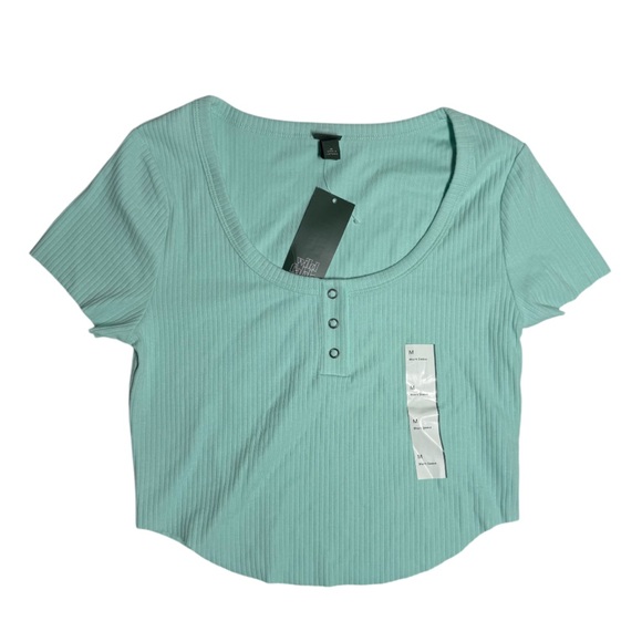 Wild Fable Short Sleeve Tee Turquoise Size Medium Snap Placket NWT Ribbed - Picture 1 of 7